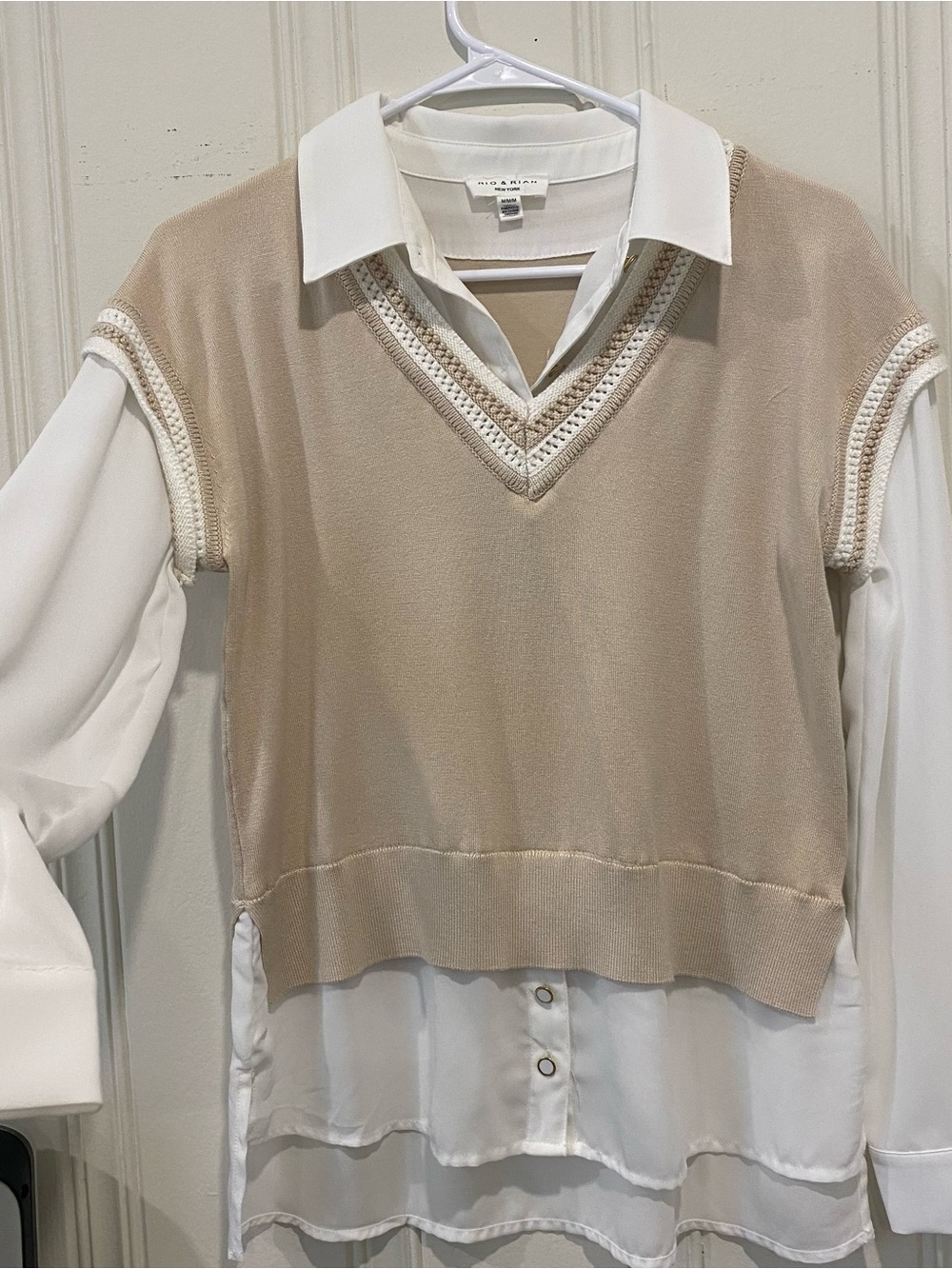 rag & bone Beige V-Neck Knit Vest Overlay with White Shirt